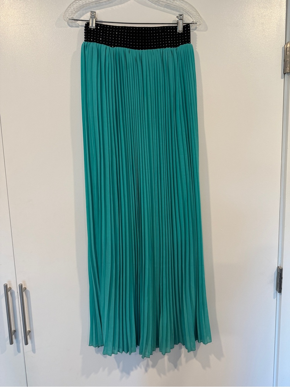 Green pleated maxi skirt